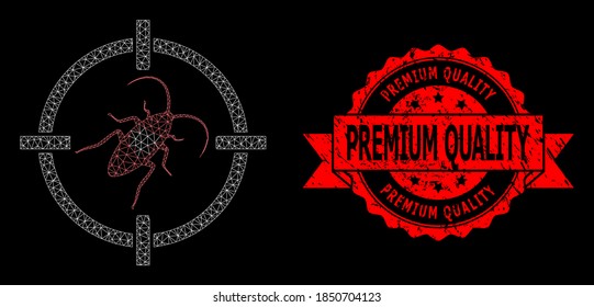 Mesh network target cockroach on a black background, and Premium Quality rubber ribbon stamp. Red stamp includes Premium Quality caption inside ribbon.