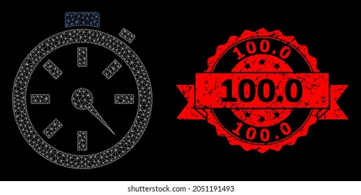 Mesh network timer on a black background, and 100.0 unclean ribbon seal print. Red seal has 100.0 title inside ribbon. Vector constellation created from timer icon with mesh.