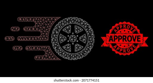 Mesh network tire wheel on a black background, and Approve corroded ribbon stamp seal. Red stamp seal contains Approve tag inside ribbon. Vector model created from tire wheel icon with mesh.