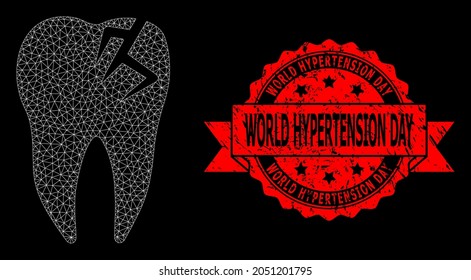 Mesh network tooth fracture on a black background, and World Hypertension Day rubber ribbon stamp. Red stamp seal includes World Hypertension Day title inside ribbon.