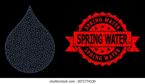 Mesh network water drop on a black background, and Spring Water textured ribbon seal. Red stamp seal contains Spring Water caption inside ribbon.