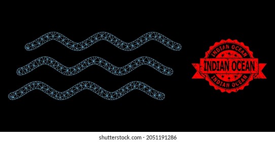 Mesh network water waves on a black background, and Indian Ocean unclean ribbon stamp. Red stamp seal has Indian Ocean caption inside ribbon.