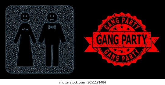 Mesh network wedding emotions on a black background, and Gang Party textured ribbon stamp seal. Red stamp seal includes Gang Party text inside ribbon.