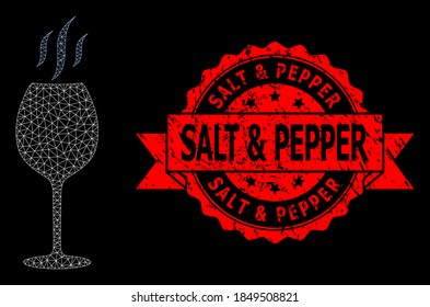 Mesh network wine flavour on a black background, and Salt & Pepper corroded ribbon seal. Red seal has Salt & Pepper caption inside ribbon. Vector model created from wine flavour icon with mesh.
