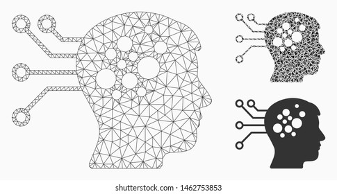Mesh neural computer links model with triangle mosaic icon. Wire carcass polygonal mesh of neural computer links. Vector collage of triangle elements in different sizes, and color tones.