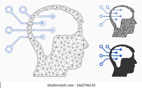 Mesh neural interface circuit model with triangle mosaic icon. Wire carcass polygonal mesh of neural interface circuit. Vector composition of triangle elements in various sizes, and color shades.