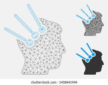 Mesh neural interface connectors model with triangle mosaic icon. Wire frame triangular mesh of neural interface connectors. Vector mosaic of triangle parts in variable sizes, and color shades.
