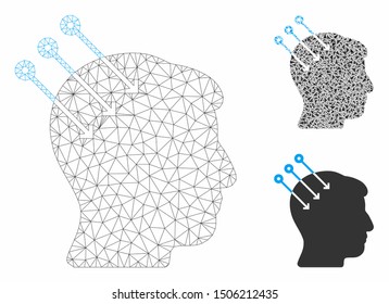 Mesh neural interface connectors model with triangle mosaic icon. Wire carcass triangular mesh of neural interface connectors. Vector collage of triangles in different sizes, and color tints.