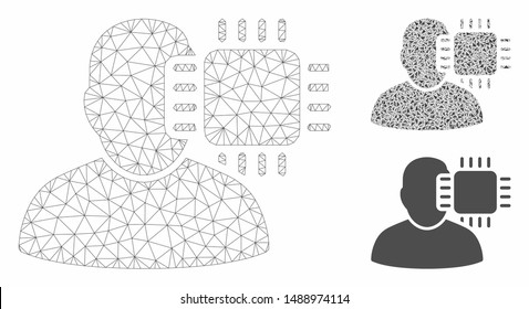 Mesh neuro interface model with triangle mosaic icon. Wire carcass polygonal mesh of neuro interface. Vector composition of triangle parts in variable sizes, and color shades.