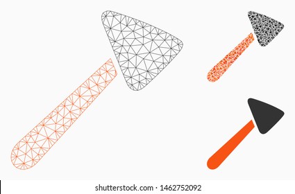 Mesh neurologist hammer model with triangle mosaic icon. Wire carcass polygonal mesh of neurologist hammer. Vector collage of triangle elements in various sizes, and color tinges.