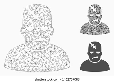 Mesh neurology patient model with triangle mosaic icon. Wire carcass triangular mesh of neurology patient. Vector mosaic of triangles in variable sizes, and color tones.
