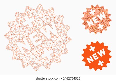 Mesh new medical sticker model with triangle mosaic icon. Wire frame polygonal mesh of new medical sticker. Vector mosaic of triangle elements in various sizes, and color tints.