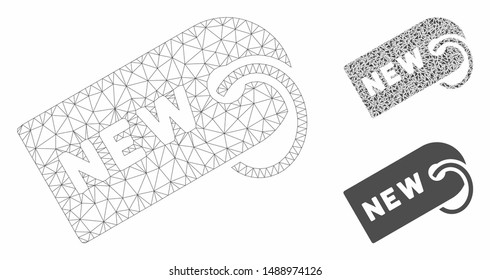 Mesh new tag model with triangle mosaic icon. Wire carcass polygonal mesh of new tag. Vector mosaic of triangle elements in different sizes, and color tinges. Abstract 2d mesh new tag,