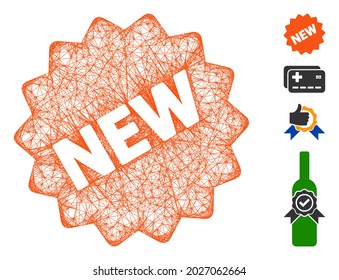 Malla nueva ilustración vectorial de símbolo web de etiqueta nueva. El modelo de canal se basa en un nuevo icono plano de etiqueta. Las mallas forman una nueva etiqueta abstracta de canal plano. red web plana wireframe aislada en un fondo blanco.