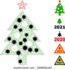 Mesh new year tree polygonal symbol vector illustration, with black Covid elements. Abstraction is created from new year tree flat icon, with covid elements and polygonal mesh.