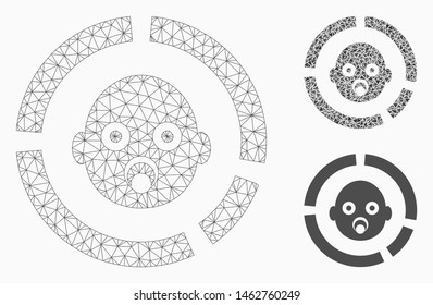 Mesh newborn diagram model with triangle mosaic icon. Wire frame polygonal mesh of newborn diagram. Vector mosaic of triangle parts in various sizes, and color tones. Abstract 2d mesh newborn diagram,