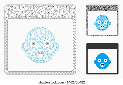 Mesh newborn head calendar page model with triangle mosaic icon. Wire carcass polygonal mesh of newborn head calendar page. Vector mosaic of triangle parts in various sizes, and color shades.