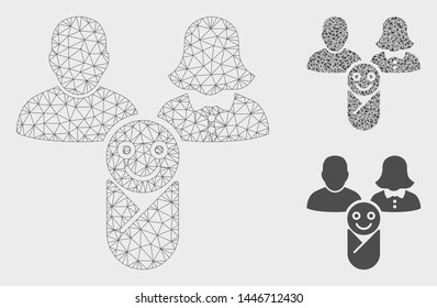 Mesh newborn model with triangle mosaic icon. Wire frame polygonal mesh of newborn. Vector composition of triangle parts in different sizes, and color tones. Abstract 2d mesh newborn,