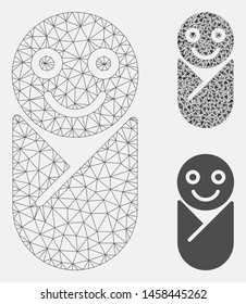 Mesh newborn model with triangle mosaic icon. Wire frame triangular mesh of newborn. Vector mosaic of triangle elements in various sizes, and color tints. Abstract flat mesh newborn,