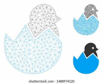 Mesh newborn model with triangle mosaic icon. Wire carcass triangular mesh of newborn. Vector mosaic of triangles in variable sizes, and color tinges. Abstract flat mesh newborn,