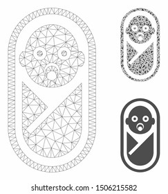 Mesh newborn model with triangle mosaic icon. Wire frame polygonal mesh of newborn. Vector mosaic of triangle elements in variable sizes, and color tones. Abstract 2d mesh newborn,