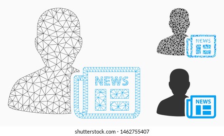 Mesh newsmaker newspaper model with triangle mosaic icon. Wire frame triangular mesh of newsmaker newspaper. Vector collage of triangle parts in various sizes, and color tones.