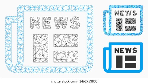 Mesh newspaper model with triangle mosaic icon. Wire carcass polygonal mesh of newspaper. Vector mosaic of triangle elements in various sizes, and color tinges. Abstract 2d mesh newspaper,
