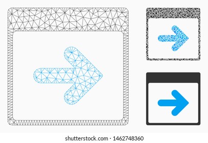 Mesh next calendar day model with triangle mosaic icon. Wire carcass triangular mesh of next calendar day. Vector mosaic of triangle parts in different sizes, and color tints.