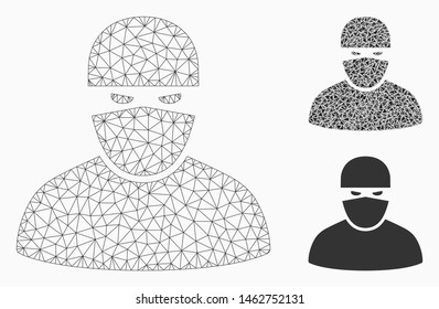 Mesh ninja model with triangle mosaic icon. Wire carcass polygonal mesh of ninja. Vector mosaic of triangle elements in variable sizes, and color tints. Abstract 2d mesh ninja,