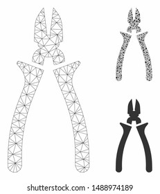 Mesh nippers model with triangle mosaic icon. Wire frame polygonal mesh of nippers. Vector collage of triangle parts in various sizes, and color shades. Abstract 2d mesh nippers,