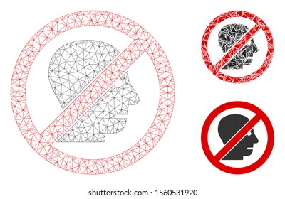 Mesh no angry person model with triangle mosaic icon. Wire frame triangular mesh of no angry person. Vector composition of triangle elements in variable sizes, and color hues.