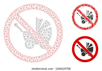 Mesh no baby carriage model with triangle mosaic icon. Wire carcass polygonal network of no baby carriage. Vector mosaic of triangle parts in variable sizes, and color shades.