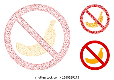 Mesh no banana model with triangle mosaic icon. Wire frame polygonal mesh of no banana. Vector mosaic of triangle elements in different sizes, and color tinges. Abstract flat mesh no banana,