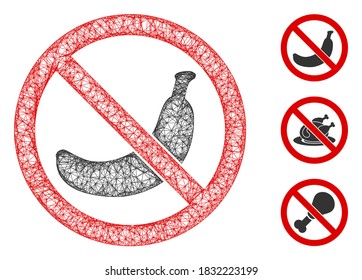 Mesh no banana polygonal web icon vector illustration. Model is based on no banana flat icon. Triangular network forms abstract no banana flat model.