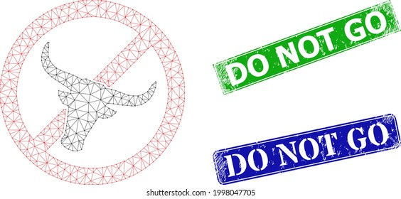 Mesh no beef meat model, and Do Not Go blue and green rectangular unclean stamp seals. Mesh wireframe illustration created from no beef meat icon. Seals have Do Not Go tag inside rectangular form.