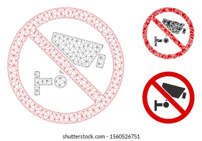 Mesh no CCTV watching model with triangle mosaic icon. Wire carcass polygonal mesh of no CCTV watching. Vector composition of triangle parts in different sizes, and color tints.