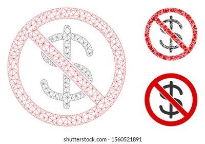 Mesh no dollar currency model with triangle mosaic icon. Wire frame triangular mesh of no dollar currency. Vector composition of triangle elements in different sizes, and color shades.