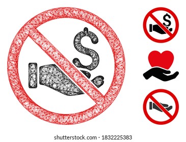 Mesh no donation polygonal web 2d vector illustration. Carcass model is based on no donation flat icon. Triangle network forms abstract no donation flat model.