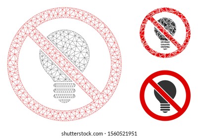 Mesh no electric bulb model with triangle mosaic icon. Wire frame polygonal mesh of no electric bulb. Vector mosaic of triangle parts in different sizes, and color tones.