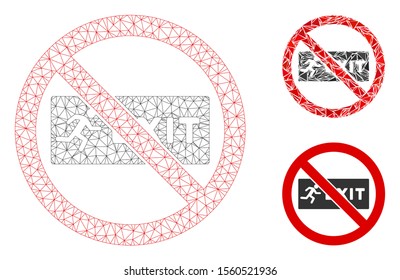 Mesh no exit model with triangle mosaic icon. Wire frame triangular mesh of no exit. Vector mosaic of triangle elements in various sizes, and color tints. Abstract 2d mesh no exit,