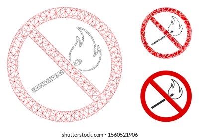 Mesh no fired match model with triangle mosaic icon. Wire carcass triangular mesh of no fired match. Vector mosaic of triangle parts in variable sizes, and color tinges.