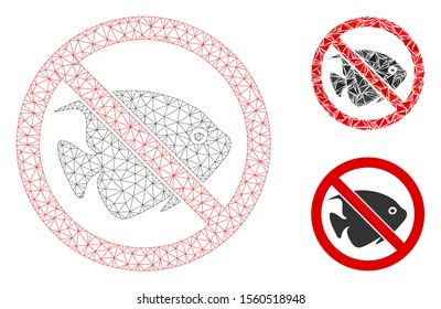 Mesh no fish model with triangle mosaic icon. Wire carcass triangular mesh of no fish. Vector mosaic of triangle parts in different sizes, and color hues. Abstract 2d mesh no fish,