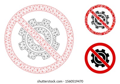 Mesh no gearwheel model with triangle mosaic icon. Wire frame triangular mesh of no gearwheel. Vector collage of triangle parts in various sizes, and color shades. Abstract 2d mesh no gearwheel,
