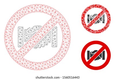 Mesh no handshake model with triangle mosaic icon. Wire carcass triangular mesh of no handshake. Vector mosaic of triangle parts in variable sizes, and color tinges. Abstract 2d mesh no handshake,