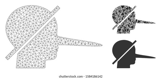 Mesh no liars model with triangle mosaic icon. Wire carcass polygonal mesh of no liars. Vector composition of triangle parts in variable sizes, and color tinges. Abstract flat mesh no liars,