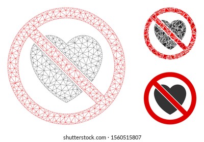 Mesh no love model with triangle mosaic icon. Wire carcass polygonal network of no love. Vector mosaic of triangle parts in variable sizes, and color tinges. Abstract 2d mesh no love,