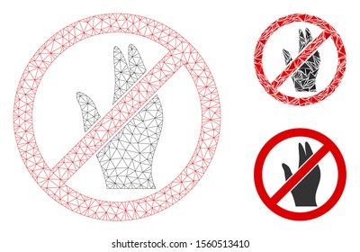 Mesh no manage hand model with triangle mosaic icon. Wire frame triangular network of no manage hand. Vector mosaic of triangles in different sizes, and color tones. Abstract flat mesh no manage hand,