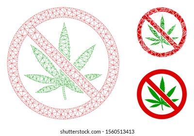 Mesh no marijuana model with triangle mosaic icon. Wire frame polygonal mesh of no marijuana. Vector mosaic of triangle elements in various sizes, and color tints. Abstract 2d mesh no marijuana,
