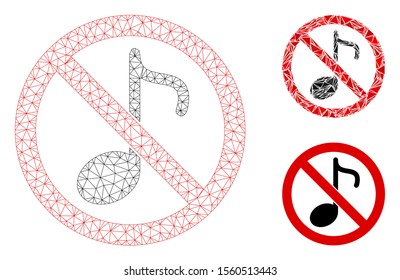 Mesh no music note model with triangle mosaic icon. Wire frame polygonal mesh of no music note. Vector collage of triangle parts in variable sizes, and color tinges. Abstract 2d mesh no music note,