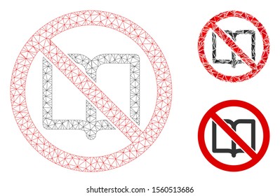 Mesh no open book model with triangle mosaic icon. Wire carcass polygonal mesh of no open book. Vector mosaic of triangle elements in various sizes, and color tinges. Abstract 2d mesh no open book,